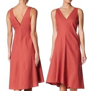 Theory Sleeveless Dress V-Neck A-Line Linen Blend Terracotta Orange Red Size 6